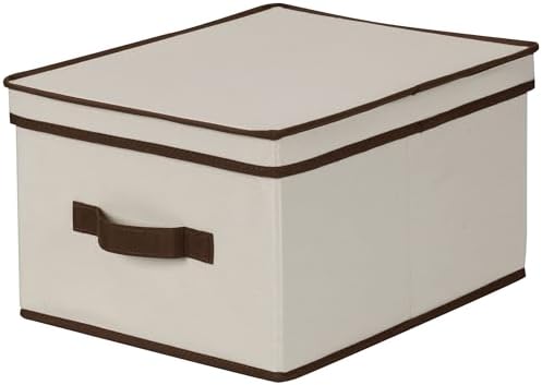 Storage Box with Lid and Handle, Natural Beige Canvas with Brown Trim…