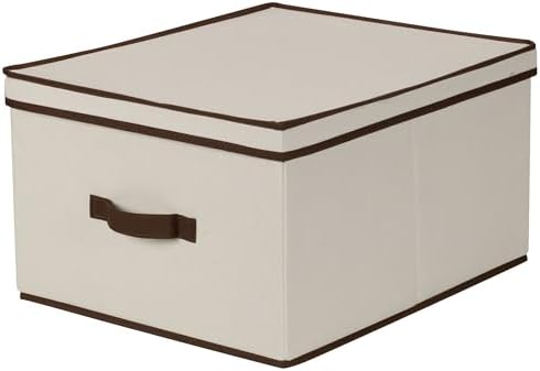 Storage Box with Lid and Handle- Natural Beige Canvas with Brown Trim…