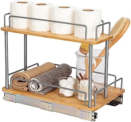 Bamboo and Silver Iron Two-Tier Slide-Out Organizer