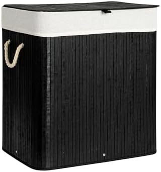 Bamboo Double Laundry Hamper with Rope Handles, 39-Gallons, Black