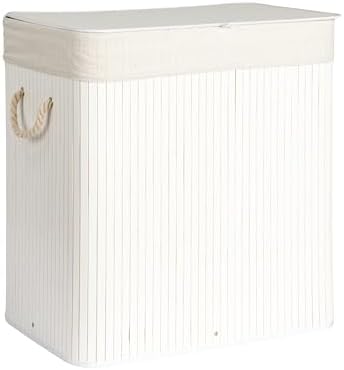 Bamboo Double Laundry Hamper with Rope Handles, 39-Gallons, White