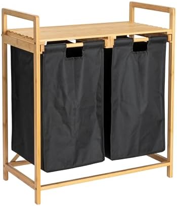 Bamboo Pull Out Double Hamper with Shelf, Natural and Black