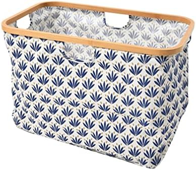 Bamboo Rimmed Krush Basket with Cutout Handles, Blue Cacti