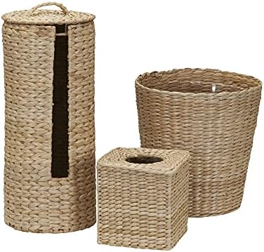 Brown 3 Piece Wicker Bathroom Set with Garbage Bin, Toilet Paper Hold…