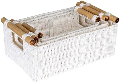 Decorative Woven Baskets, Set of 3, Paper Rope with Wood Handles, Stu…