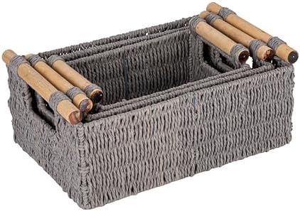 Decorative Woven Baskets, Set of 3, Paper Rope with Wood Handles, Stu…