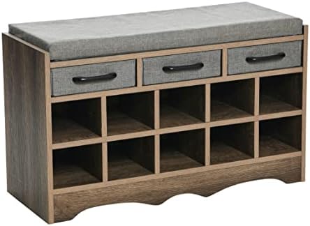 Entryway Storage Bench with 3 Grey Drawers 10 Shoe Compartments and C…
