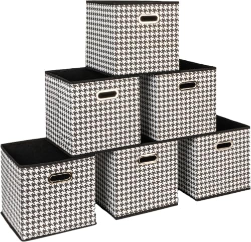 Fabric Storage Bins 6 Piece Set, Houndstooth White and Black (Pack of 6)