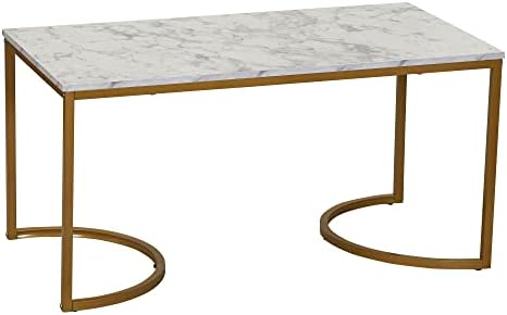Halfmoon Engineered Wood and Iron Coffee Table, White Marble and Gold