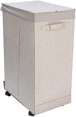 Narrow Collapsible Laundry Hamper with Liner and Lid, Silver
