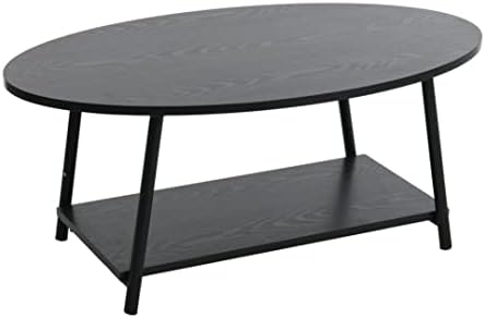 Oval Coffee Table with Storage Shelf in Oak Wood Grain and Black Meta…