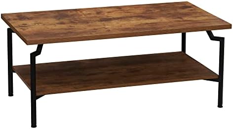 Rustic Hickory Woodgrain Coffee Table with Black Iron Base