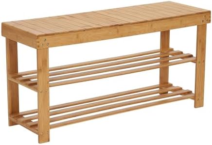 Slatted Bamboo Entryway Bench with Dual Shelves, Natural Finish