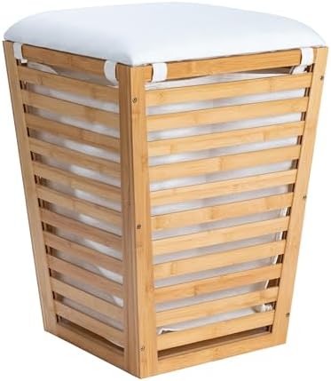 Slatted Natural Bamboo Hamper with Cushioned Lid and Removable Cotton…