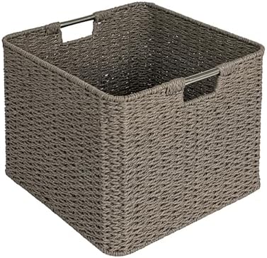 Square Woven Basket, Paper Rope Cube with Stainless Steel Handles, Grey
