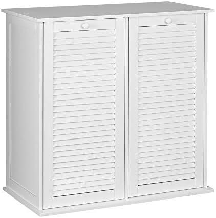 Tilt-Out Laundry Sorter Cabinet with Shutter Front, White, White Wood…