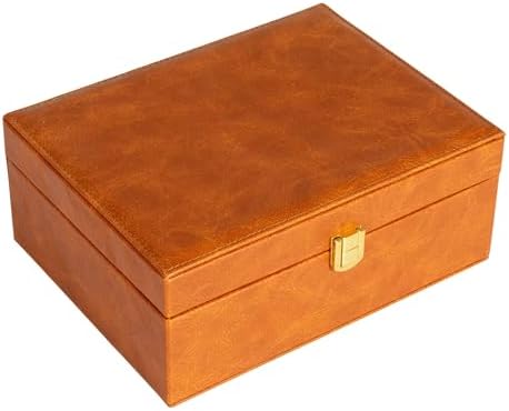 Vegan Leather 2-Layer Jewelry Organizer Box with Clasp Closure, Caram…