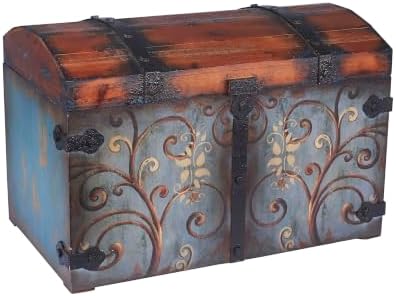 Vintage Wood Storage Trunk, Large, Blue Body/Brown Lid/Floral Design