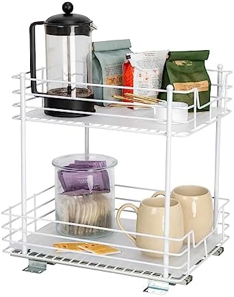 White Steel Two-Tier Pantry Organizer with Plastic Accents